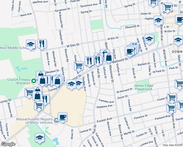 map of restaurants, bars, coffee shops, grocery stores, and more near in Brockton