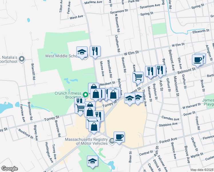 map of restaurants, bars, coffee shops, grocery stores, and more near 91 Winnifred Road in Brockton