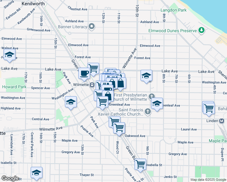 map of restaurants, bars, coffee shops, grocery stores, and more near 1133 Central Avenue in Wilmette
