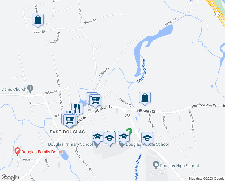 map of restaurants, bars, coffee shops, grocery stores, and more near 23 Charles Street in Douglas