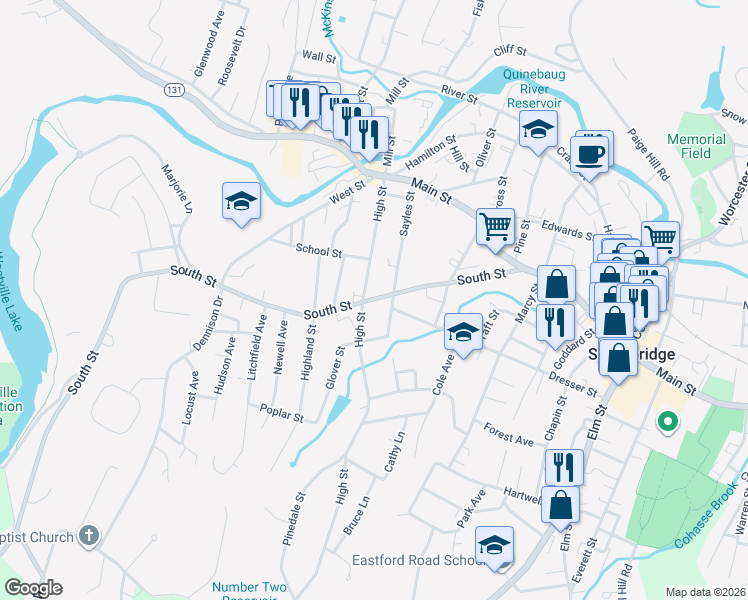 map of restaurants, bars, coffee shops, grocery stores, and more near 183 South Street in Southbridge