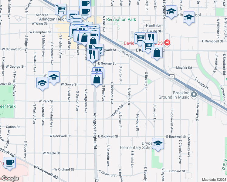 map of restaurants, bars, coffee shops, grocery stores, and more near 415 South Belmont Avenue in Arlington Heights