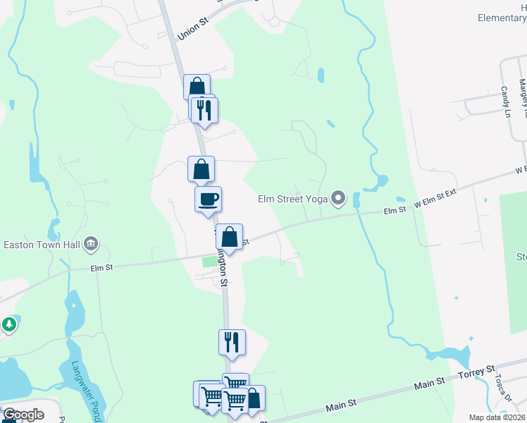 map of restaurants, bars, coffee shops, grocery stores, and more near 218 Elm Street in Easton