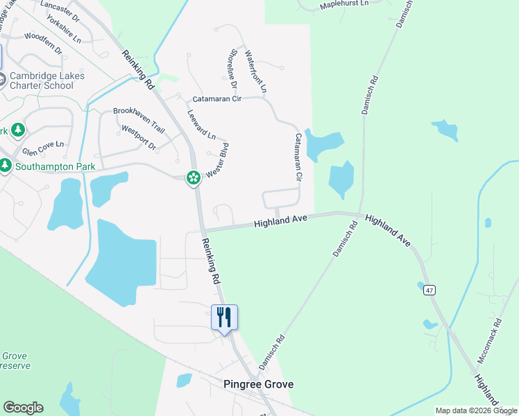 map of restaurants, bars, coffee shops, grocery stores, and more near 13 Outrigger Lane in Pingree Grove