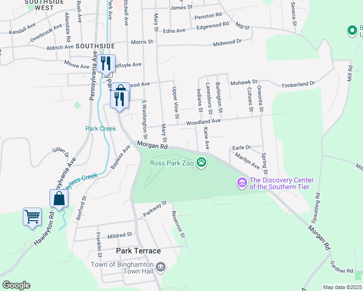 map of restaurants, bars, coffee shops, grocery stores, and more near 37 1/2 Morgan Rd in Binghamton