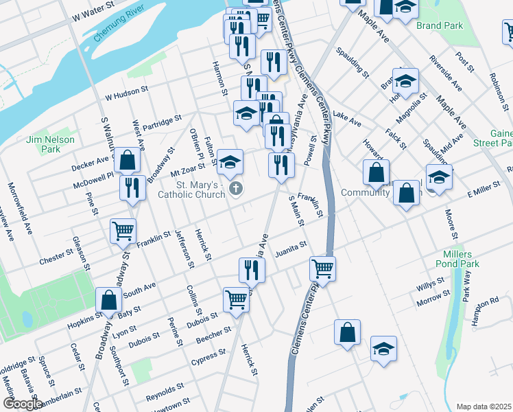map of restaurants, bars, coffee shops, grocery stores, and more near 221 Franklin Street in Elmira