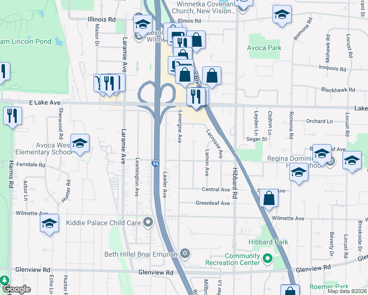 map of restaurants, bars, coffee shops, grocery stores, and more near 715 Laporte Avenue in Wilmette