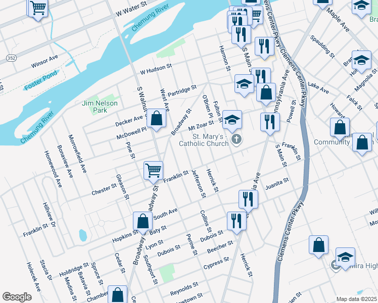 map of restaurants, bars, coffee shops, grocery stores, and more near 423 Balsam Street in Elmira