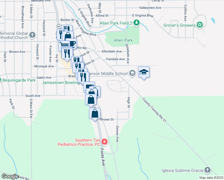 map of restaurants, bars, coffee shops, grocery stores, and more near 11 Bradmar Circle in Jamestown