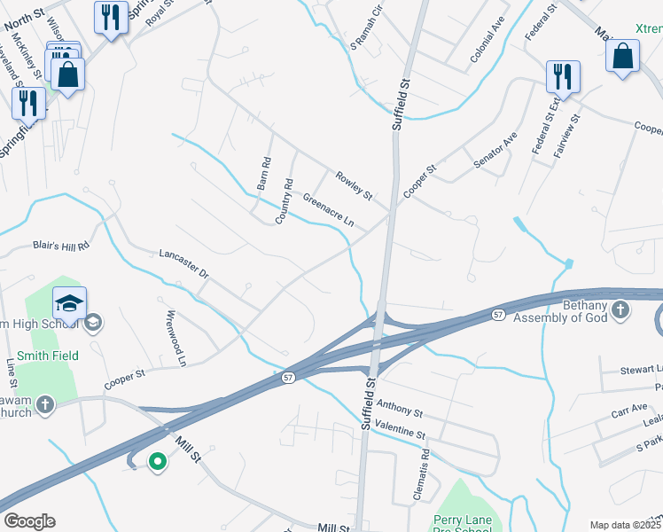 map of restaurants, bars, coffee shops, grocery stores, and more near 475 Cooper Street in Agawam