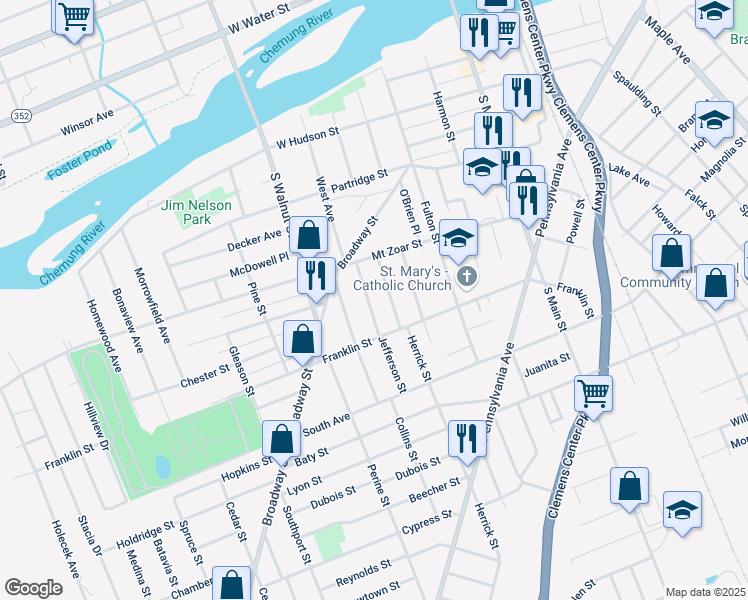 map of restaurants, bars, coffee shops, grocery stores, and more near 419 Jefferson Street in Elmira