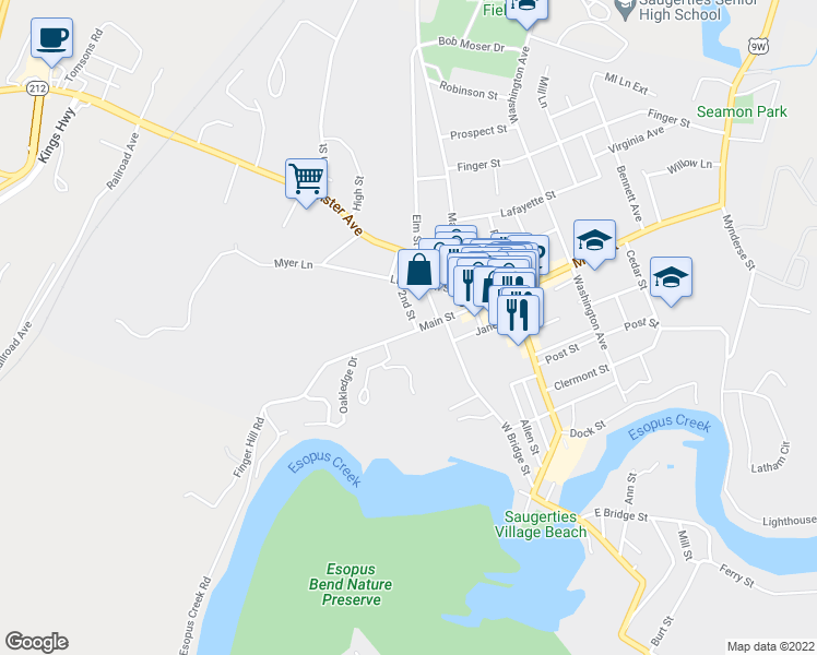 map of restaurants, bars, coffee shops, grocery stores, and more near 357 Main Street in Saugerties