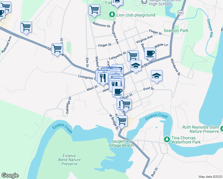 map of restaurants, bars, coffee shops, grocery stores, and more near 16 Jane Street in Saugerties