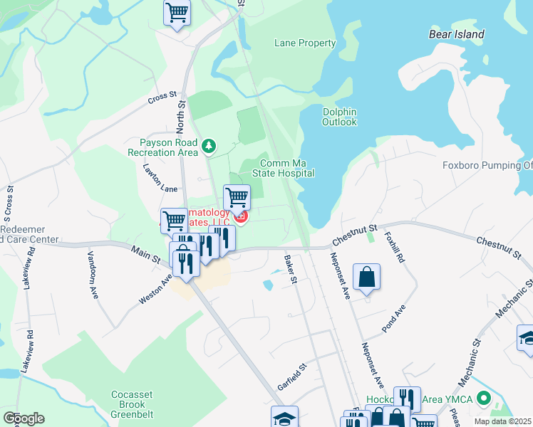 map of restaurants, bars, coffee shops, grocery stores, and more near 34 Capone Road in Foxborough