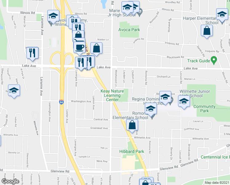 map of restaurants, bars, coffee shops, grocery stores, and more near 730 Hibbard Rd in Wilmette