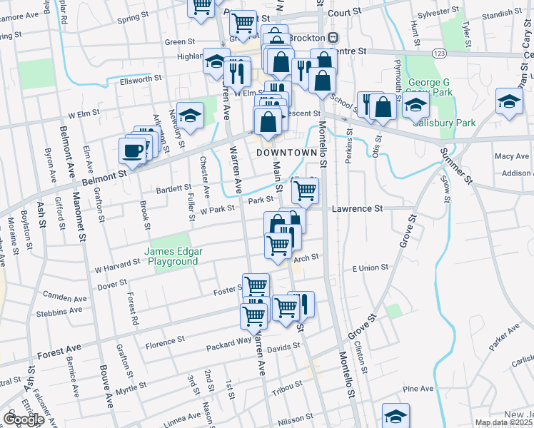 map of restaurants, bars, coffee shops, grocery stores, and more near 20 Winthrop Street in Brockton
