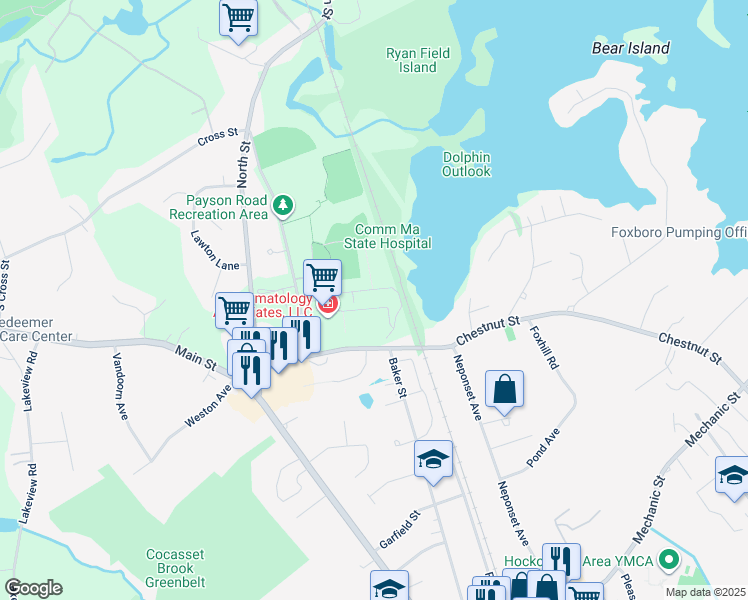 map of restaurants, bars, coffee shops, grocery stores, and more near 34 Capone Road in Foxborough