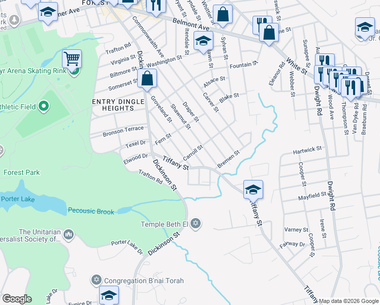 map of restaurants, bars, coffee shops, grocery stores, and more near 35 Carroll Street in Springfield
