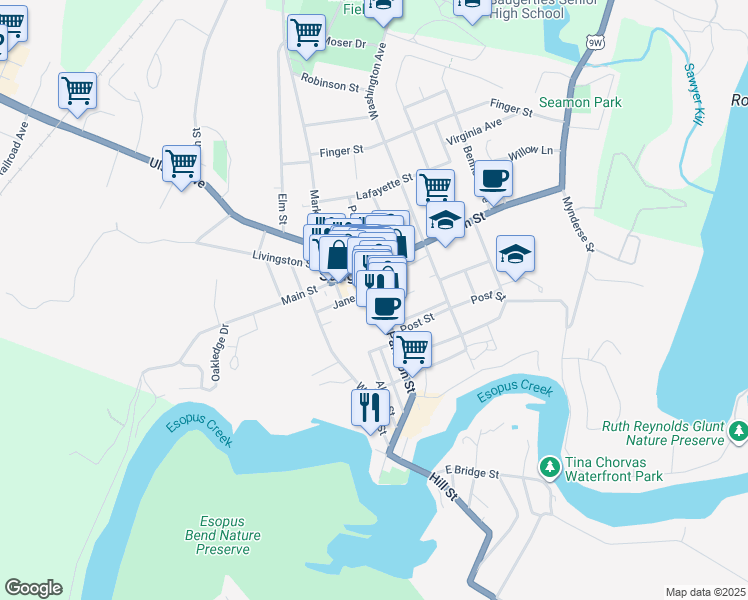 map of restaurants, bars, coffee shops, grocery stores, and more near 133 Partition Street in Saugerties