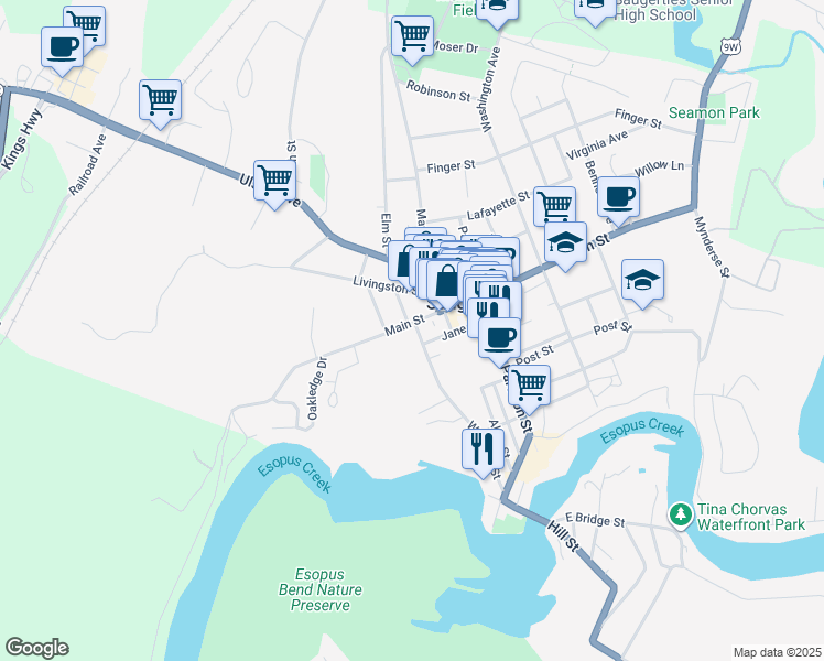 map of restaurants, bars, coffee shops, grocery stores, and more near 38 Jane Street in Saugerties