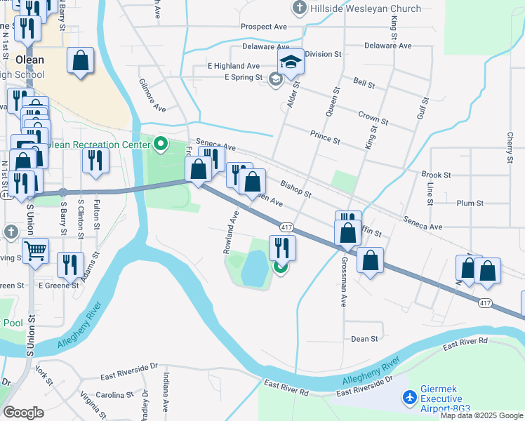 map of restaurants, bars, coffee shops, grocery stores, and more near 719 East State Street in Olean