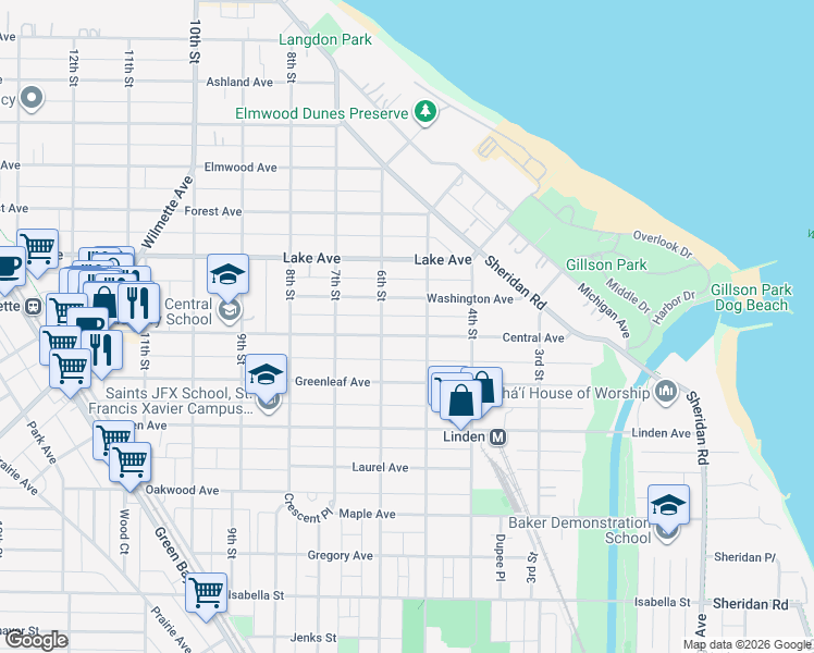 map of restaurants, bars, coffee shops, grocery stores, and more near 509 Central Avenue in Wilmette