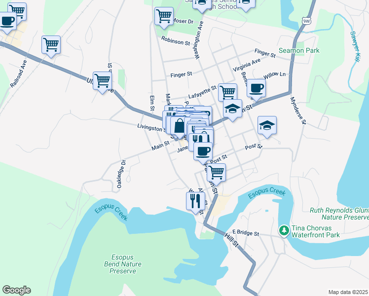map of restaurants, bars, coffee shops, grocery stores, and more near Jane Street in Saugerties