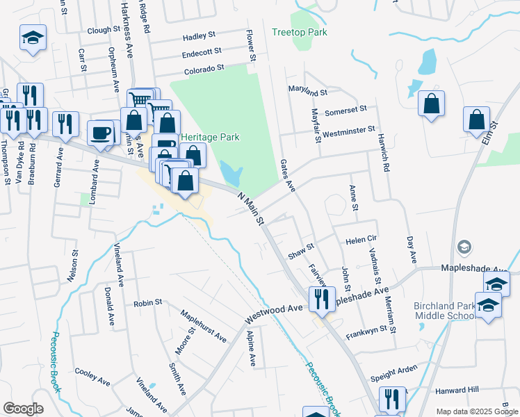 map of restaurants, bars, coffee shops, grocery stores, and more near 329 North Main Street in East Longmeadow