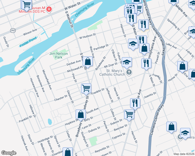 map of restaurants, bars, coffee shops, grocery stores, and more near 413 Balsam Street in Elmira
