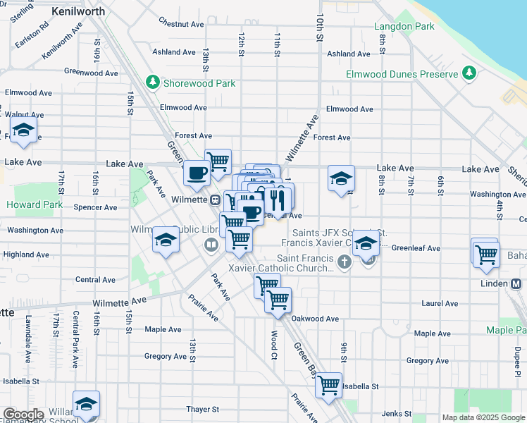 map of restaurants, bars, coffee shops, grocery stores, and more near 1133 Central Avenue in Wilmette