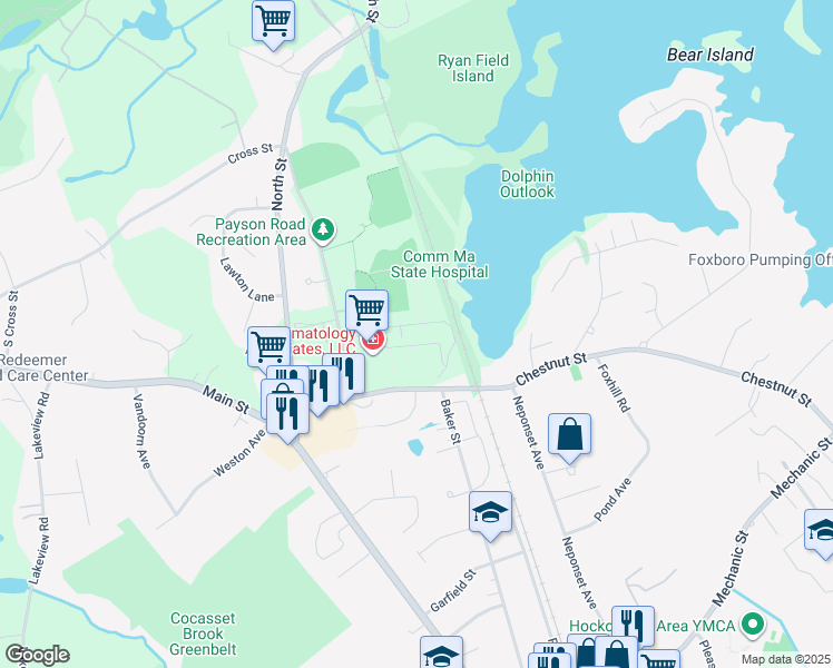 map of restaurants, bars, coffee shops, grocery stores, and more near 34 Capone Road in Foxborough
