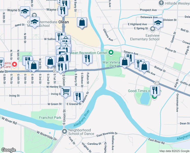 map of restaurants, bars, coffee shops, grocery stores, and more near 422 East State Street in Olean