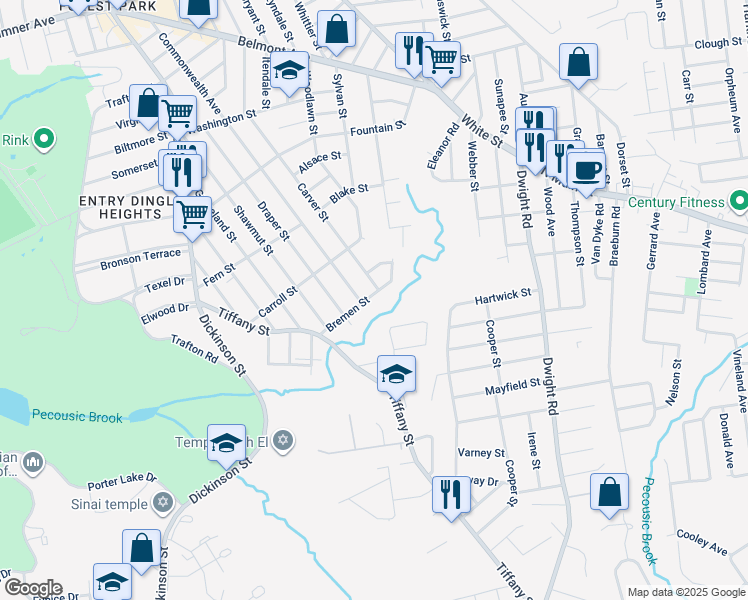 map of restaurants, bars, coffee shops, grocery stores, and more near 73 Bremen Street in Springfield