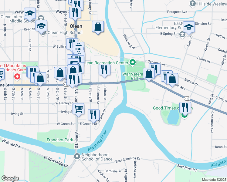 map of restaurants, bars, coffee shops, grocery stores, and more near 422 East State Street in Olean