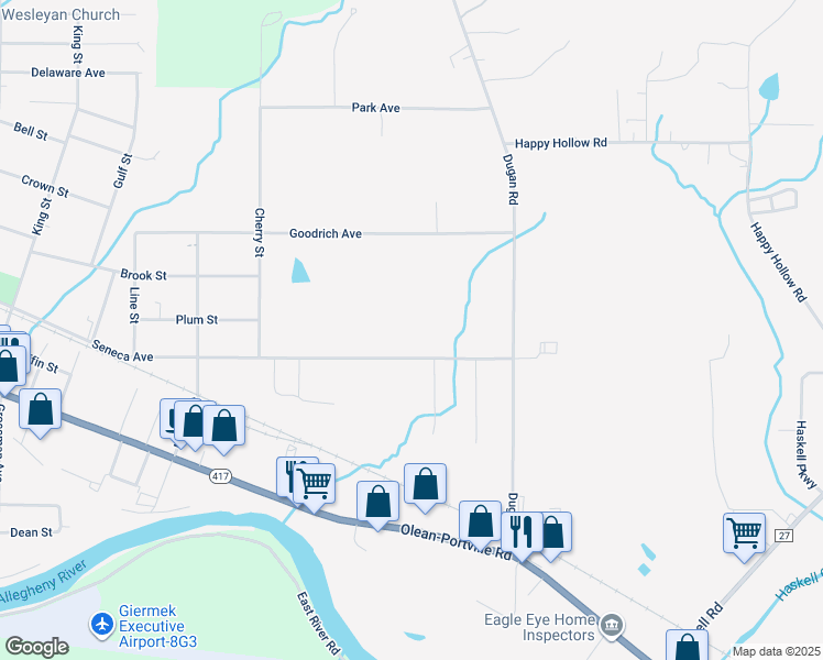 map of restaurants, bars, coffee shops, grocery stores, and more near 1638 Seneca Ave in Olean