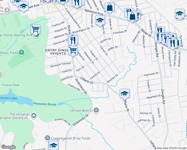 map of restaurants, bars, coffee shops, grocery stores, and more near 35 Carroll Street in Springfield