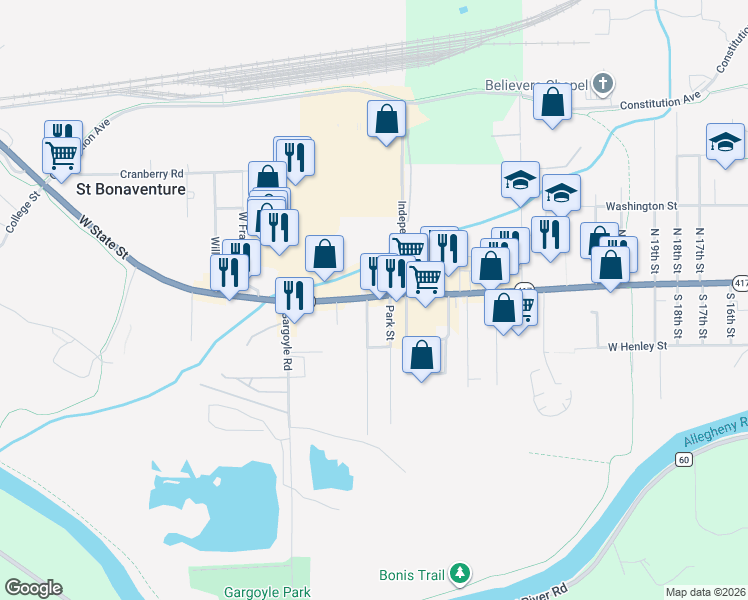 map of restaurants, bars, coffee shops, grocery stores, and more near 3027 New York 417 in Olean