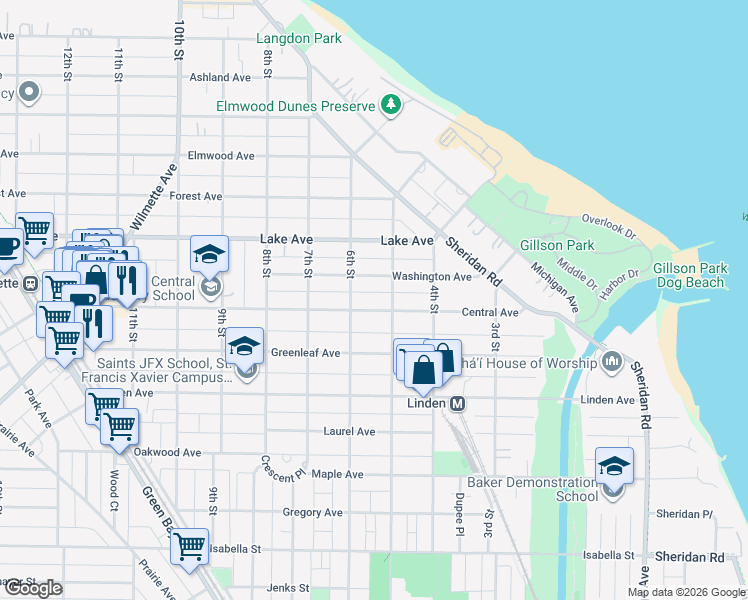 map of restaurants, bars, coffee shops, grocery stores, and more near 509 Central Avenue in Wilmette