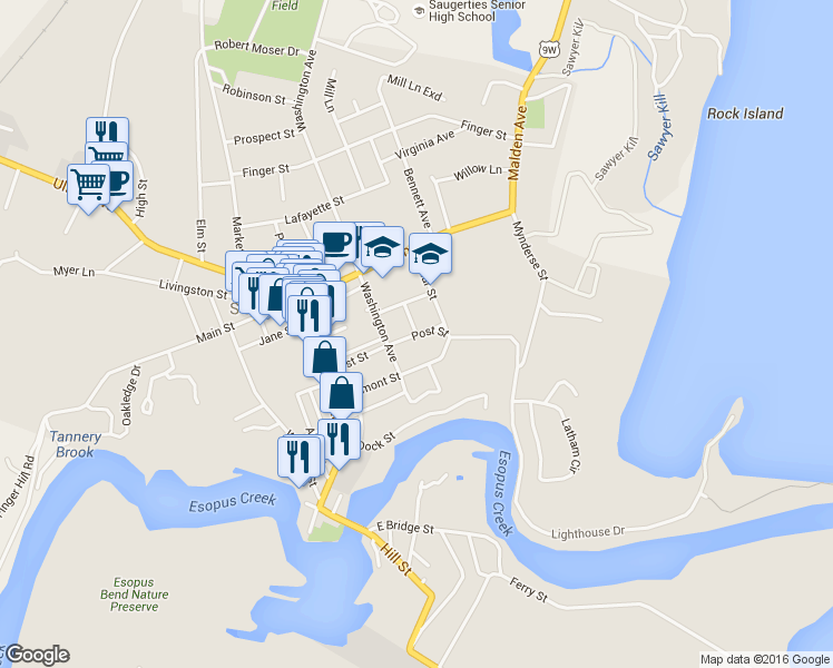 map of restaurants, bars, coffee shops, grocery stores, and more near Post Street in Saugerties