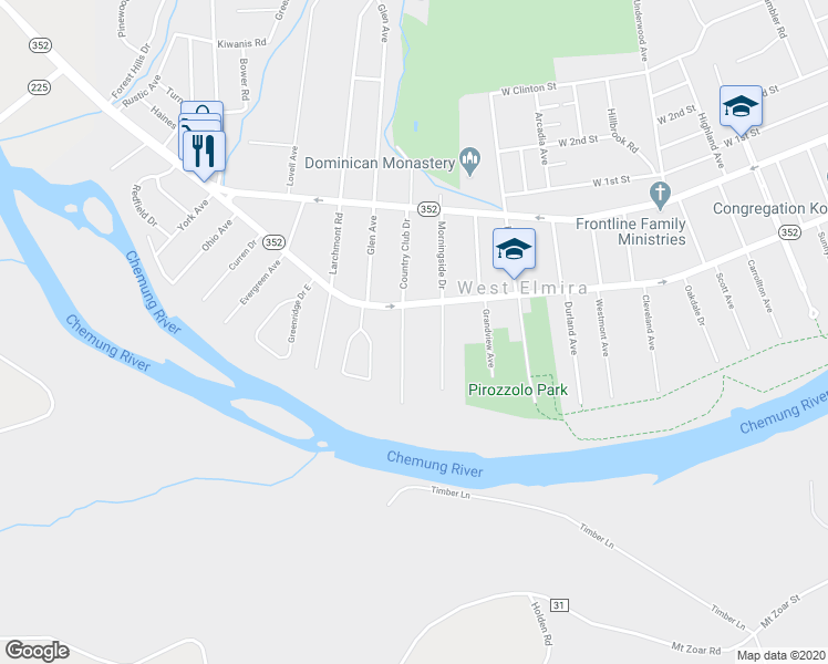 map of restaurants, bars, coffee shops, grocery stores, and more near 94 Country Club Drive in Elmira