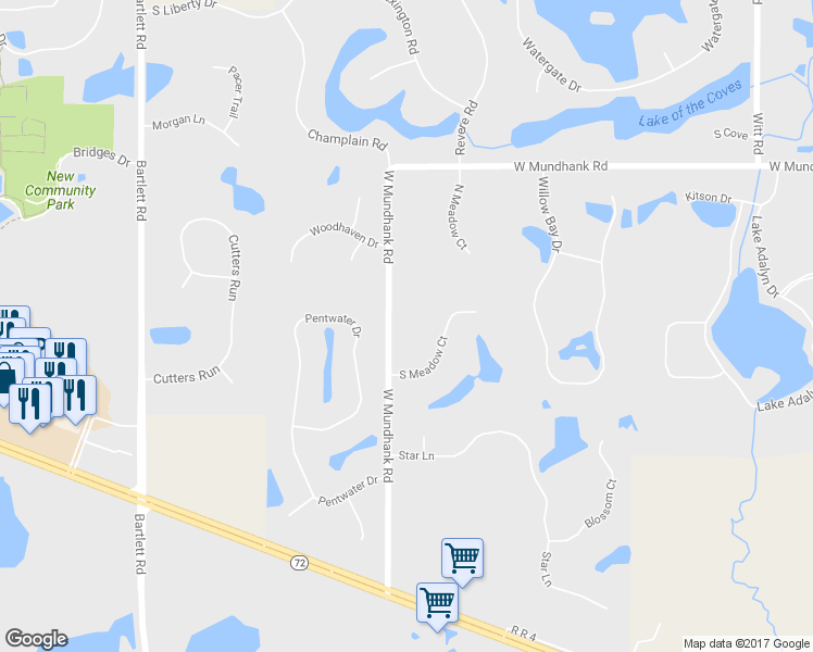 map of restaurants, bars, coffee shops, grocery stores, and more near 65 West Mundhank Road in South Barrington