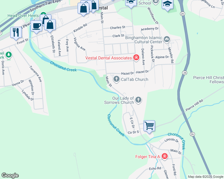 map of restaurants, bars, coffee shops, grocery stores, and more near 724 Main St in Vestal