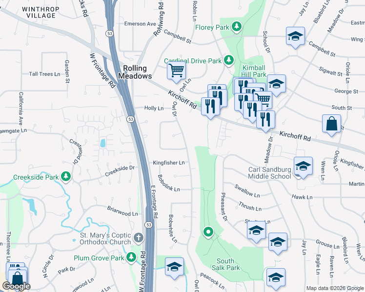 map of restaurants, bars, coffee shops, grocery stores, and more near 3501 Falcon Court South in Rolling Meadows