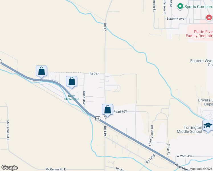 map of restaurants, bars, coffee shops, grocery stores, and more near 7214 Road 47 in Torrington