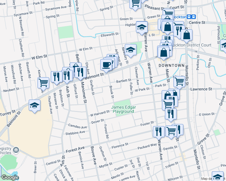 map of restaurants, bars, coffee shops, grocery stores, and more near 50 Howard Square in Brockton