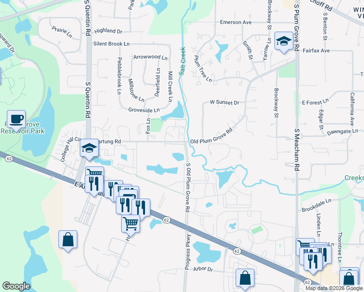 map of restaurants, bars, coffee shops, grocery stores, and more near 1037 Buccaneer Drive in Schaumburg