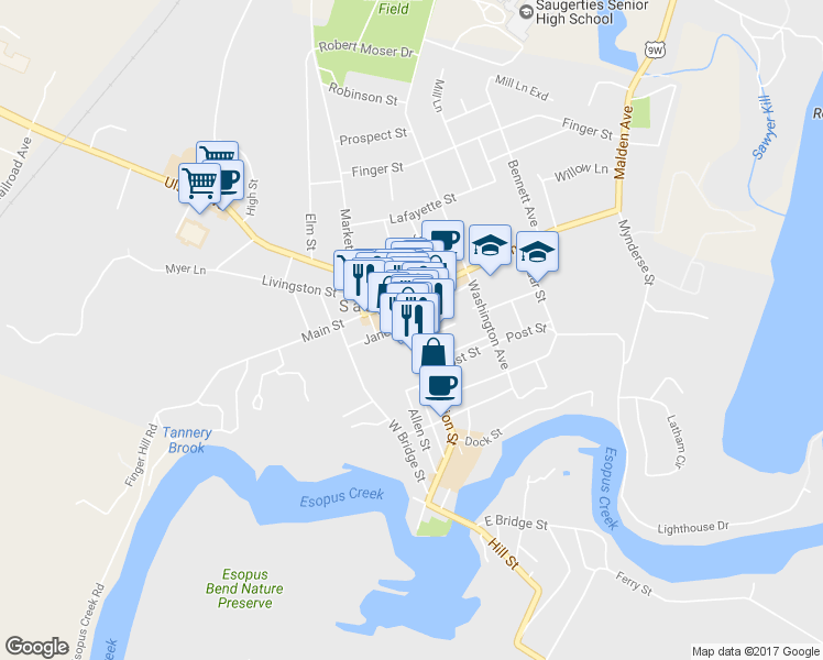 map of restaurants, bars, coffee shops, grocery stores, and more near 104 Partition Street in Saugerties