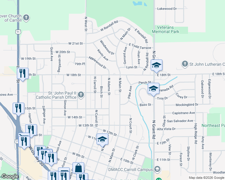 map of restaurants, bars, coffee shops, grocery stores, and more near 1620 North Adams Street in Carroll