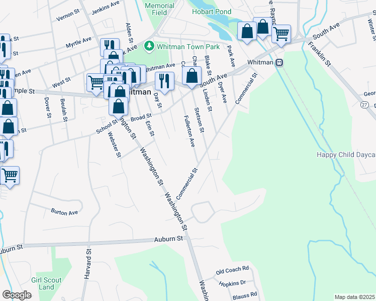 map of restaurants, bars, coffee shops, grocery stores, and more near 140 Fullerton Avenue in Whitman