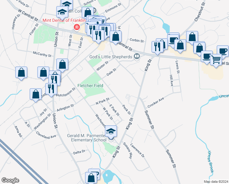 map of restaurants, bars, coffee shops, grocery stores, and more near 9 North Park Street in Franklin
